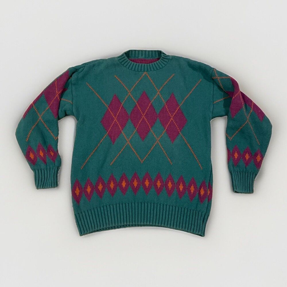 Vintage Argyle Pattern Teal & Purple Men's Sz L (No Size Tag) Cotton Sweater 90s